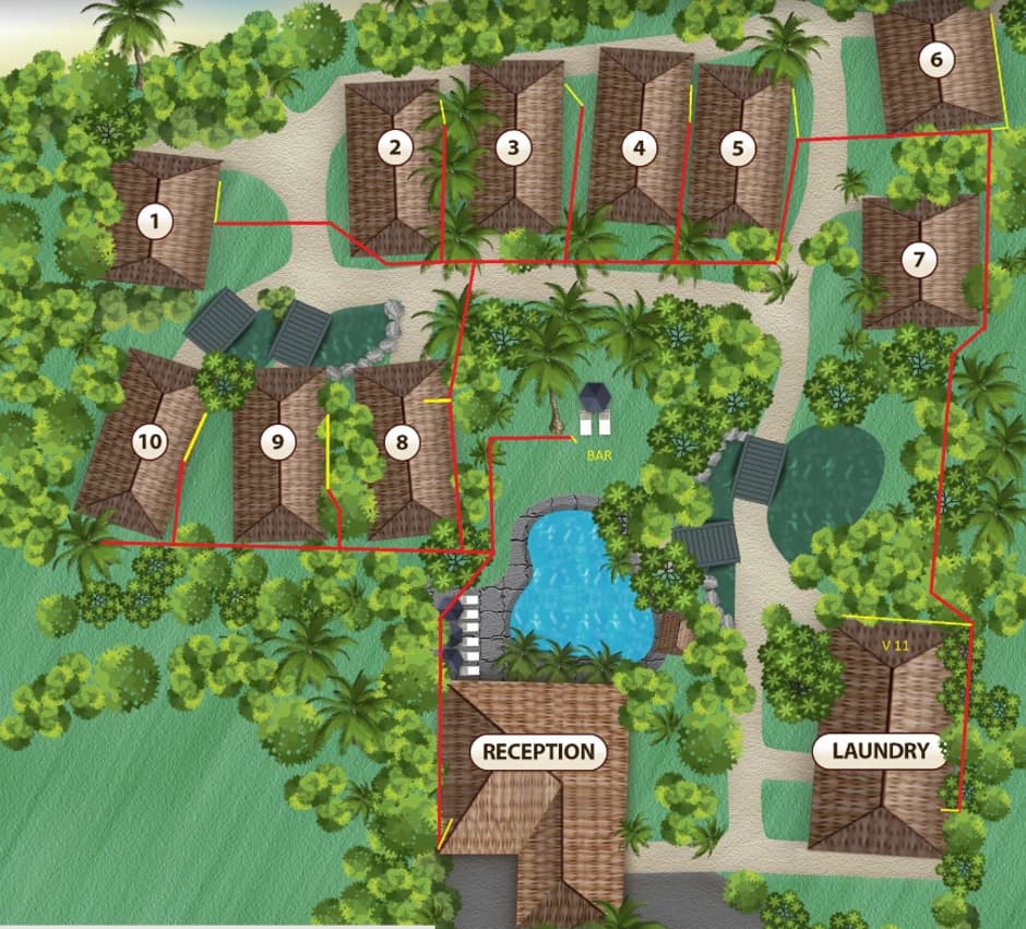 Motu property layout showing villas, pool bar, reception, laundry and the fibre route